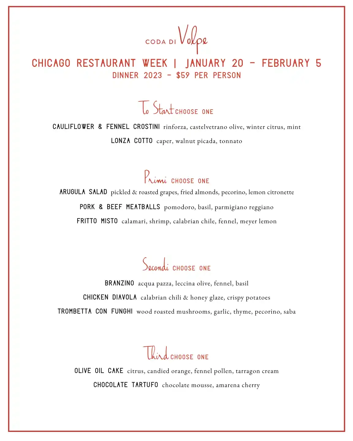Chicago Restaurant Week 2023 Menu Coda Di Volpe Dinner