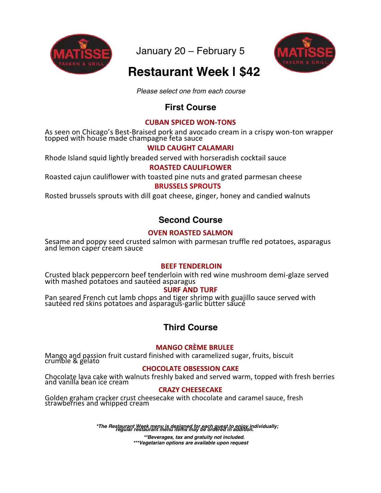 Chicago Restaurant Week 2023 Menu Matisse Tavern And Grill
