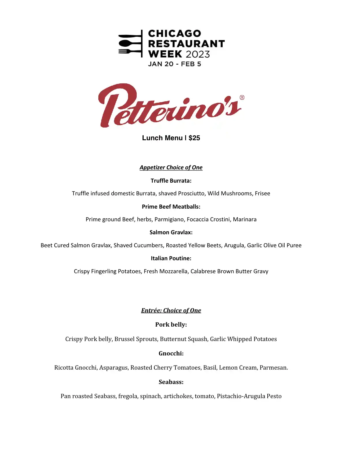 Chicago Restaurant Week 2023 Menu Petterinos Lunch