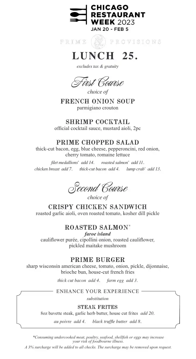 Chicago Restaurant Week 2023 Menu Prime And Provisions Lunch