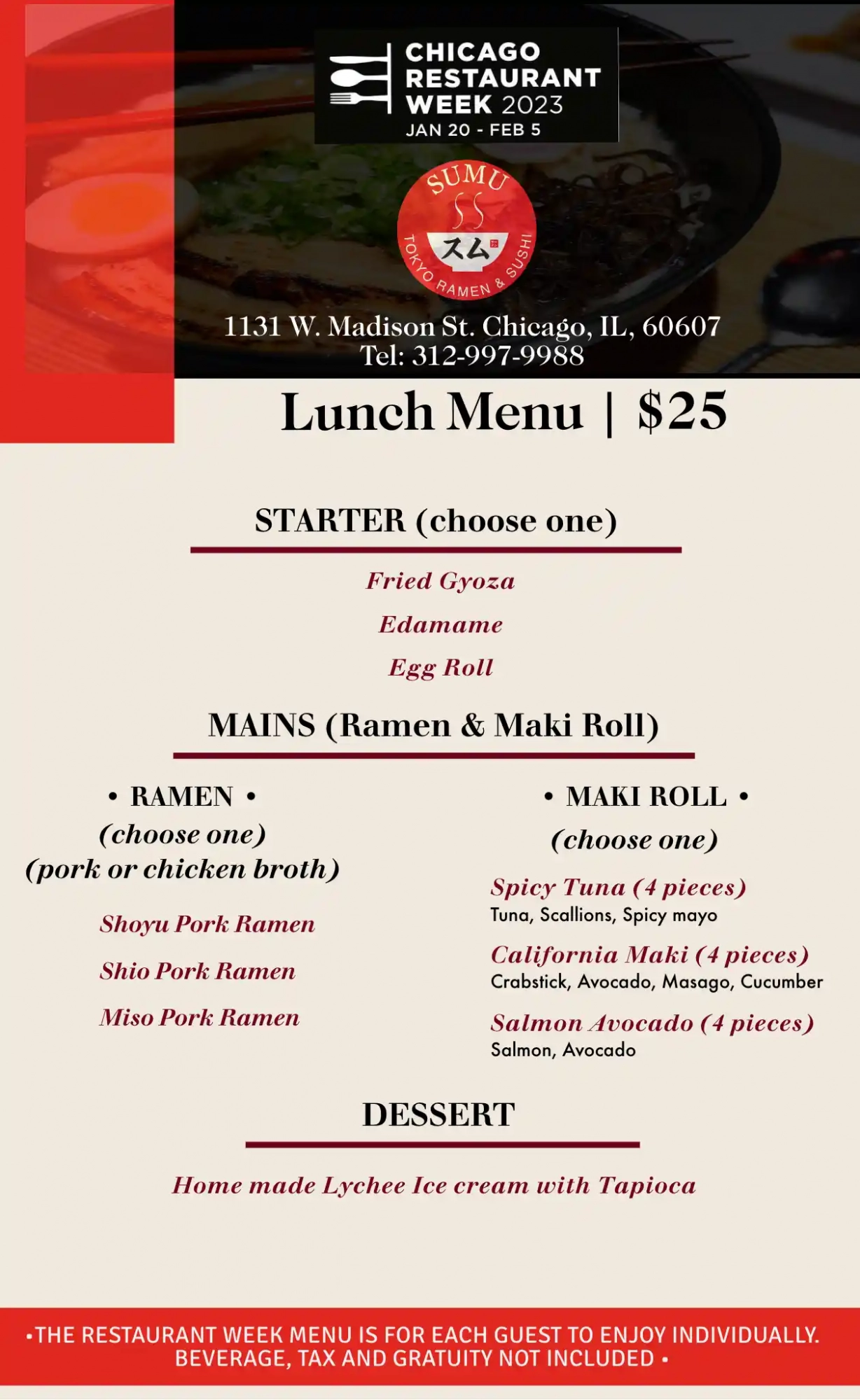 Chicago Restaurant Week 2023 Menu Sumo Tokyo Ramen Sushi Lunch