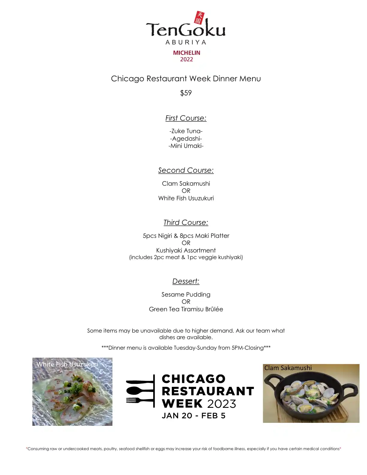 Chicago Restaurant Week 2023 Menu Tengoku Aburiya Dinner