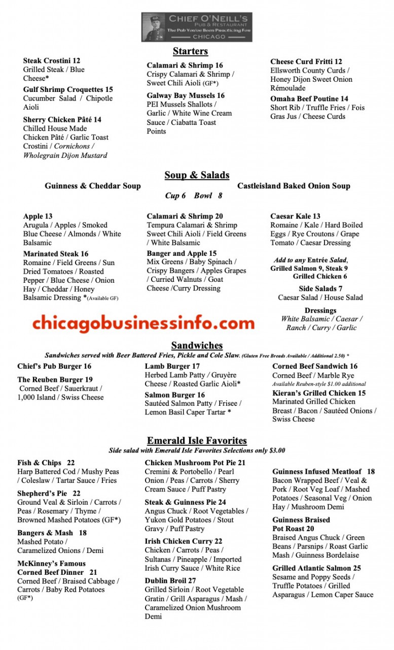 Chief O'Neill's Chicago Dinner Menu 1