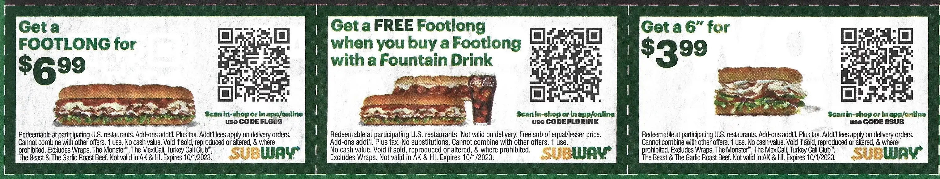 Subway Printable Store Coupons QR Codes Mailer Newspaper 2 Expires 10/01/2023