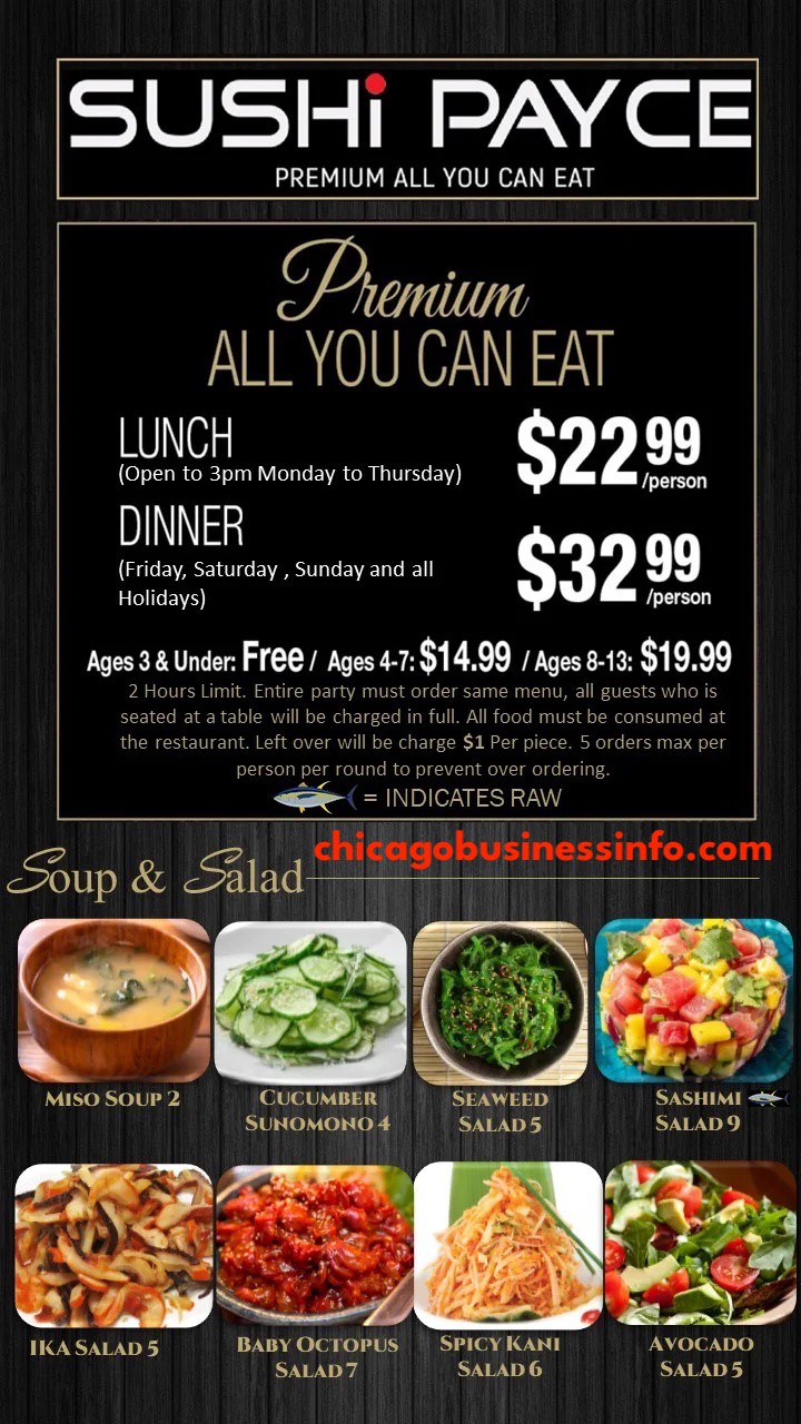 Sushi Payce Chicago All You Can Eat Soups Salads Menu