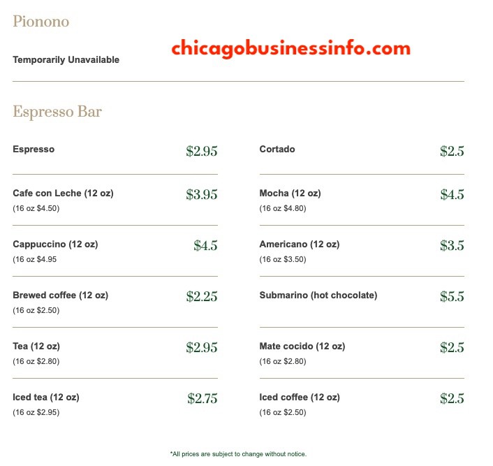 Piccolo Mondo Chicago Bakery Menu 2