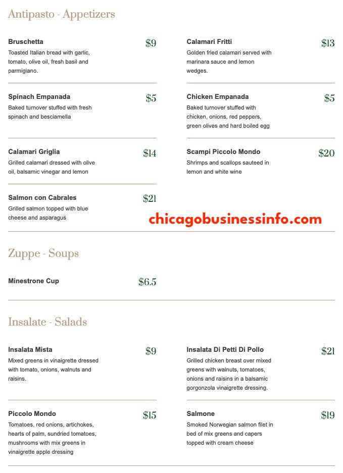 Piccolo Mondo Chicago Food Menu 1