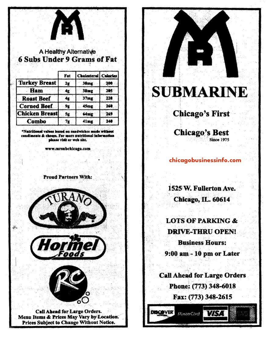 Mr Submarine Fullerton Chicago Menu 1