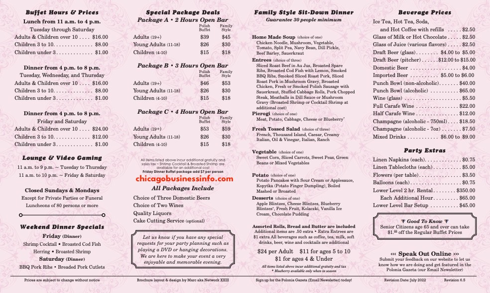 Sawas Old Warsaw Broadview Buffet Menu 2