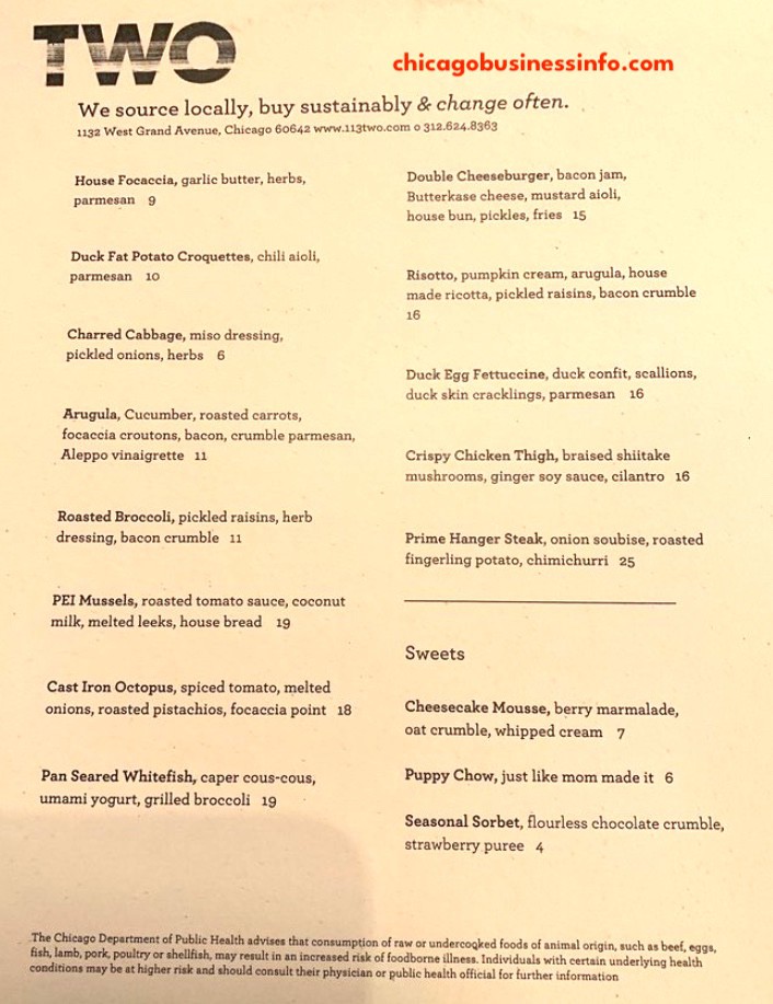 TWO Restaurant Chicago Menu