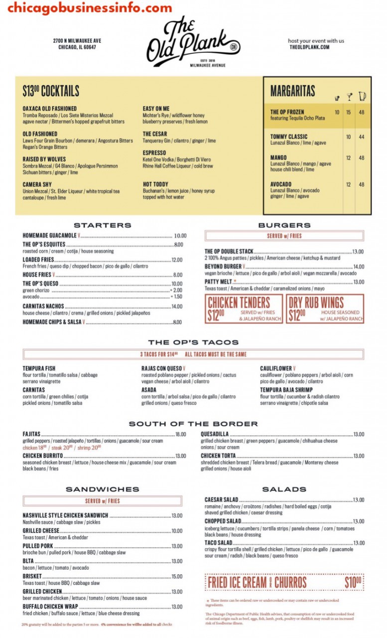 The Old Plank Chicago Menu 1