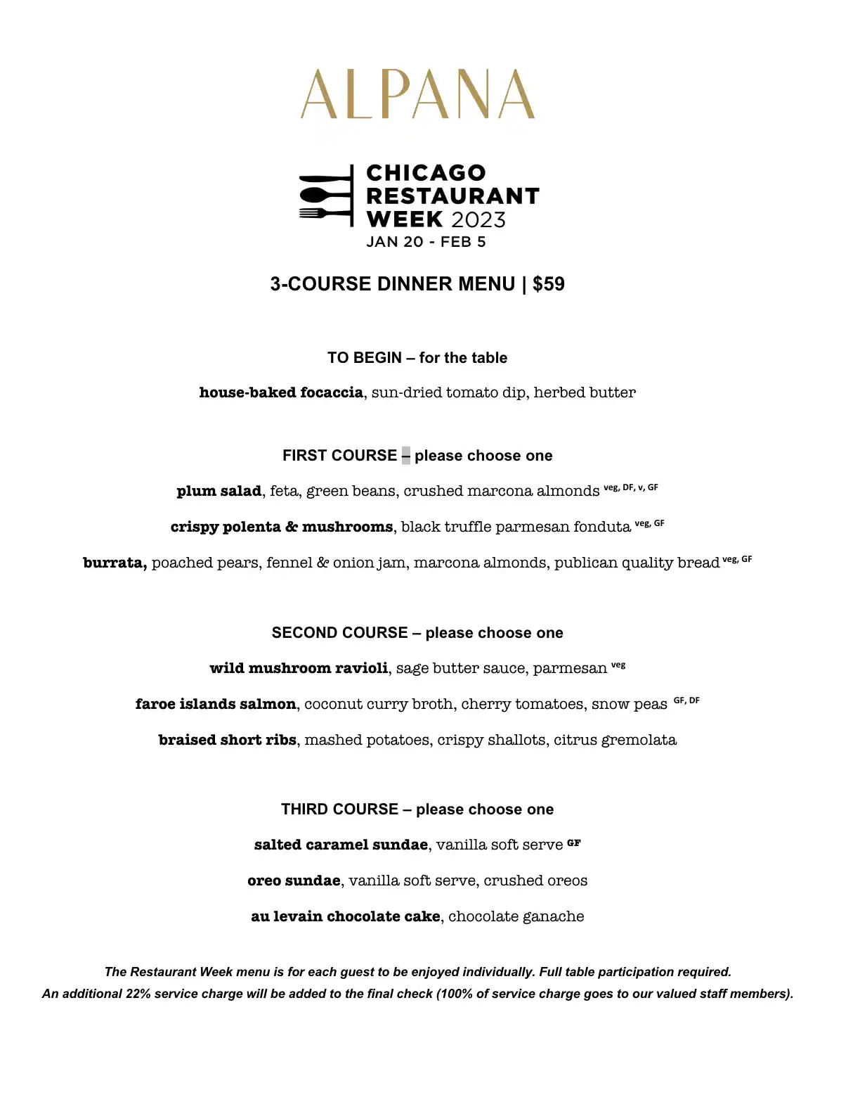 Chicago Restaurant Week 2023 Menu Alpana