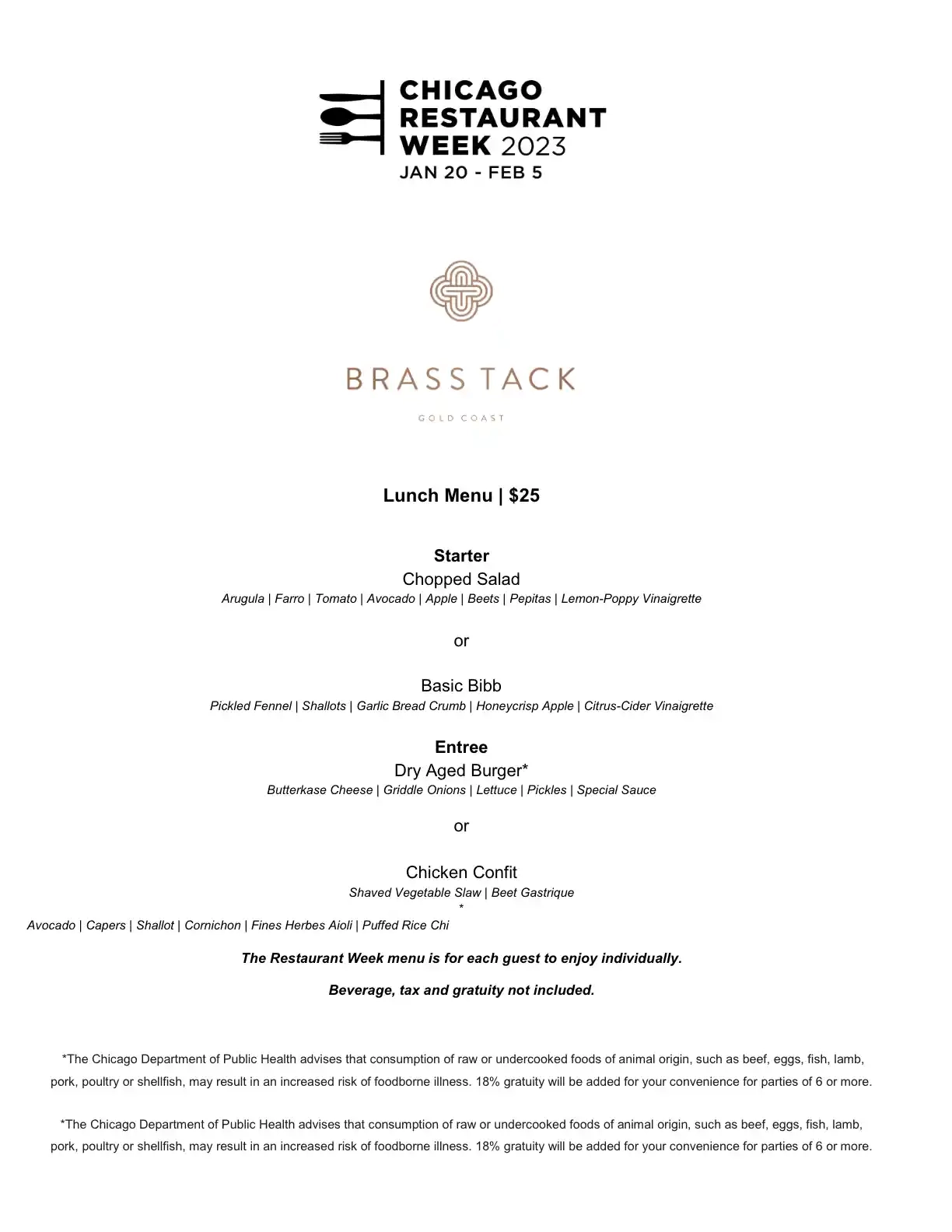 Chicago Restaurant Week 2023 Menu Brass Tack Lunch