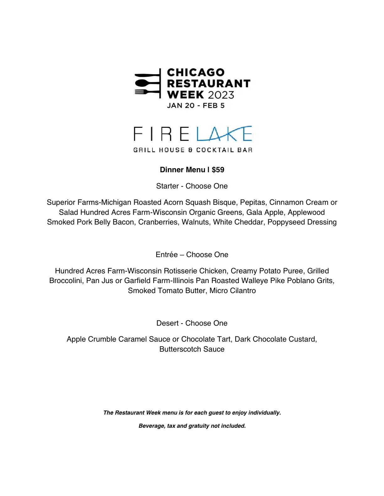 Chicago Restaurant Week 2023 Menu Firelake Grill House Dinner