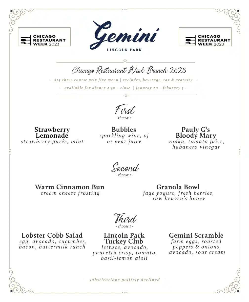 Chicago Restaurant Week 2023 Menu Gemini Brunch
