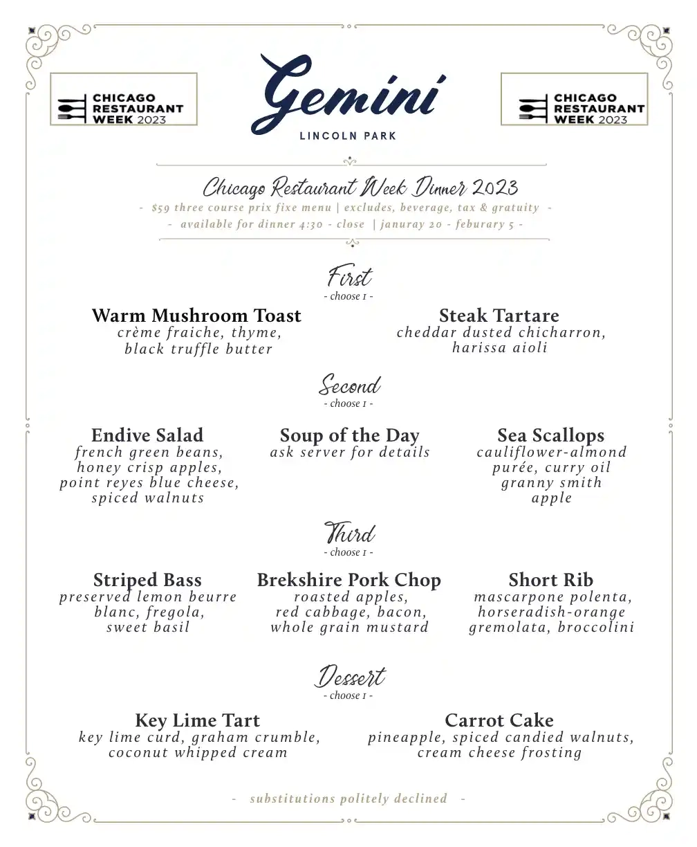 Chicago Restaurant Week 2023 Menu Gemini Dinner