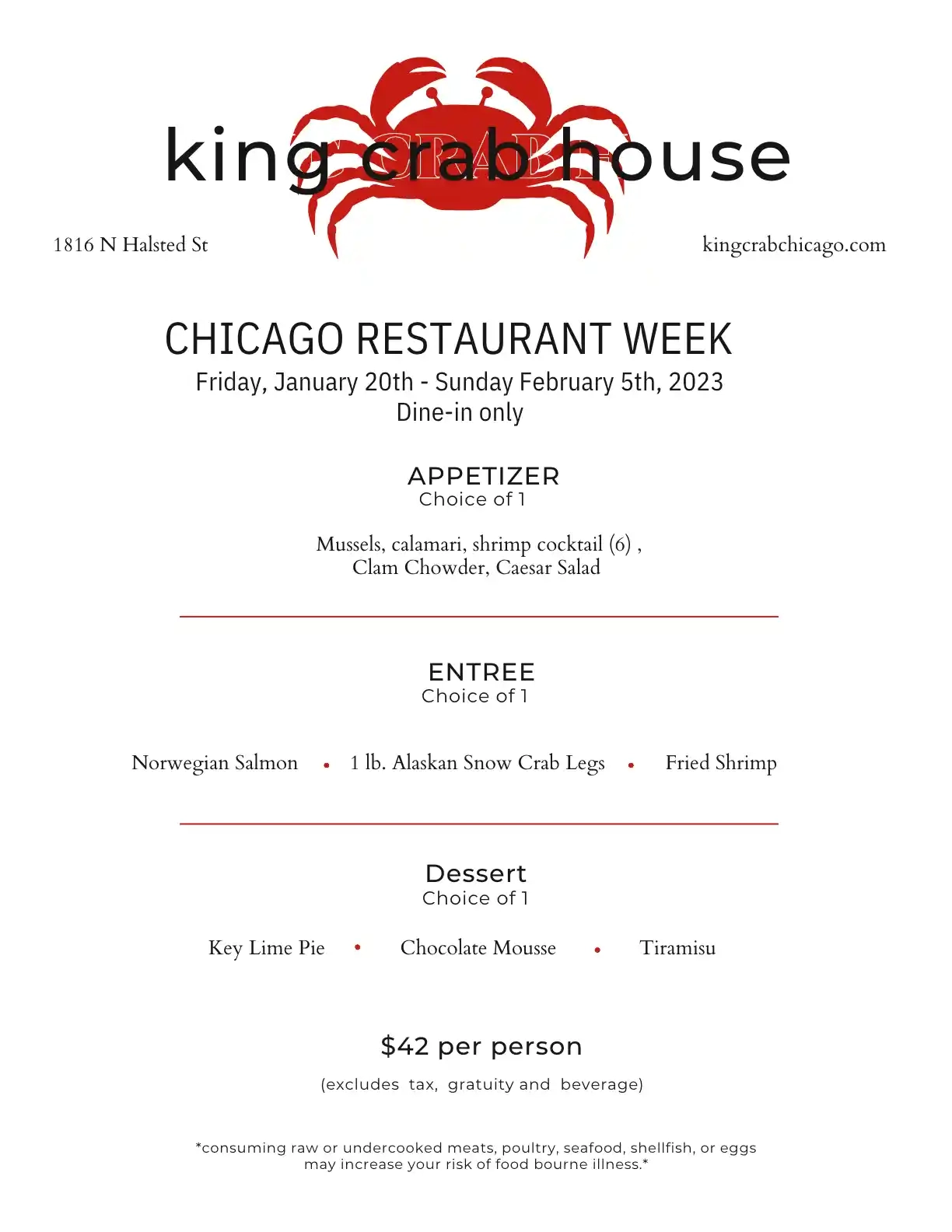 Chicago Restaurant Week 2023 Menu King Crab House