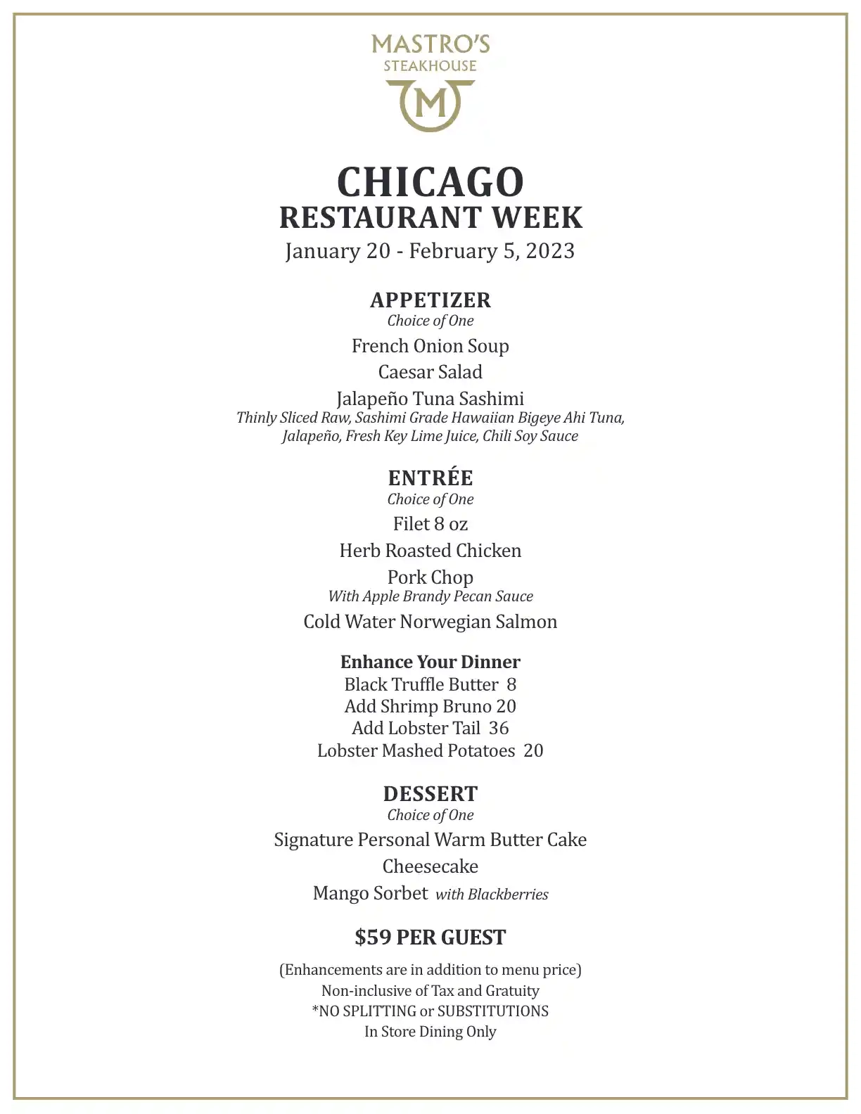 Chicago Restaurant Week 2023 Menu Mastros