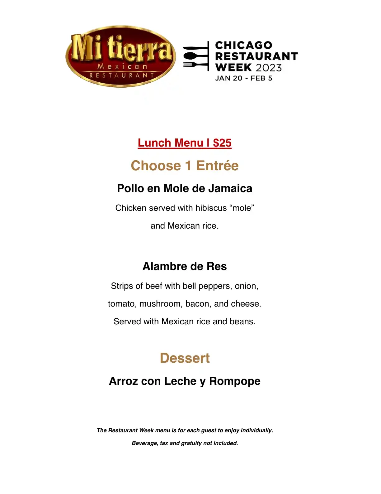 Chicago Restaurant Week 2023 Menu Mi Tierra Lunch