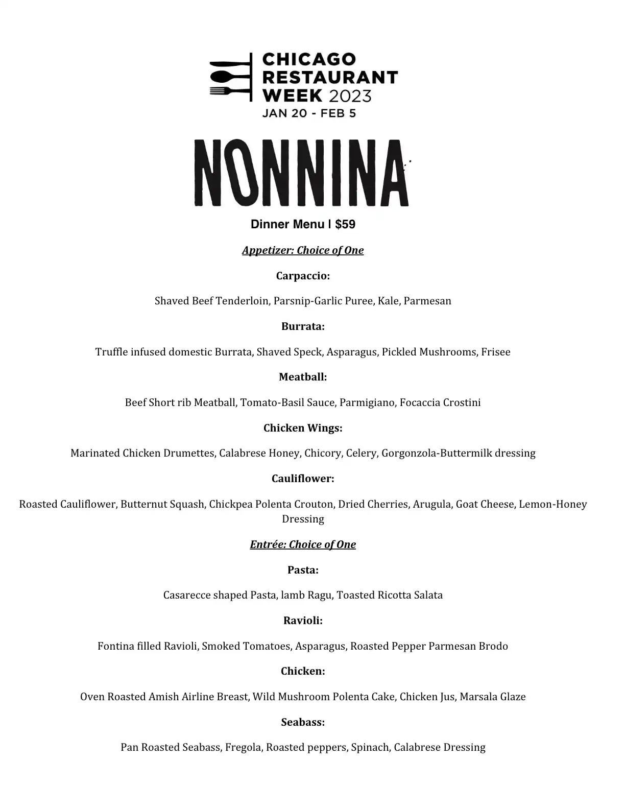 Chicago Restaurant Week 2023 Menu Nonnina Dinner