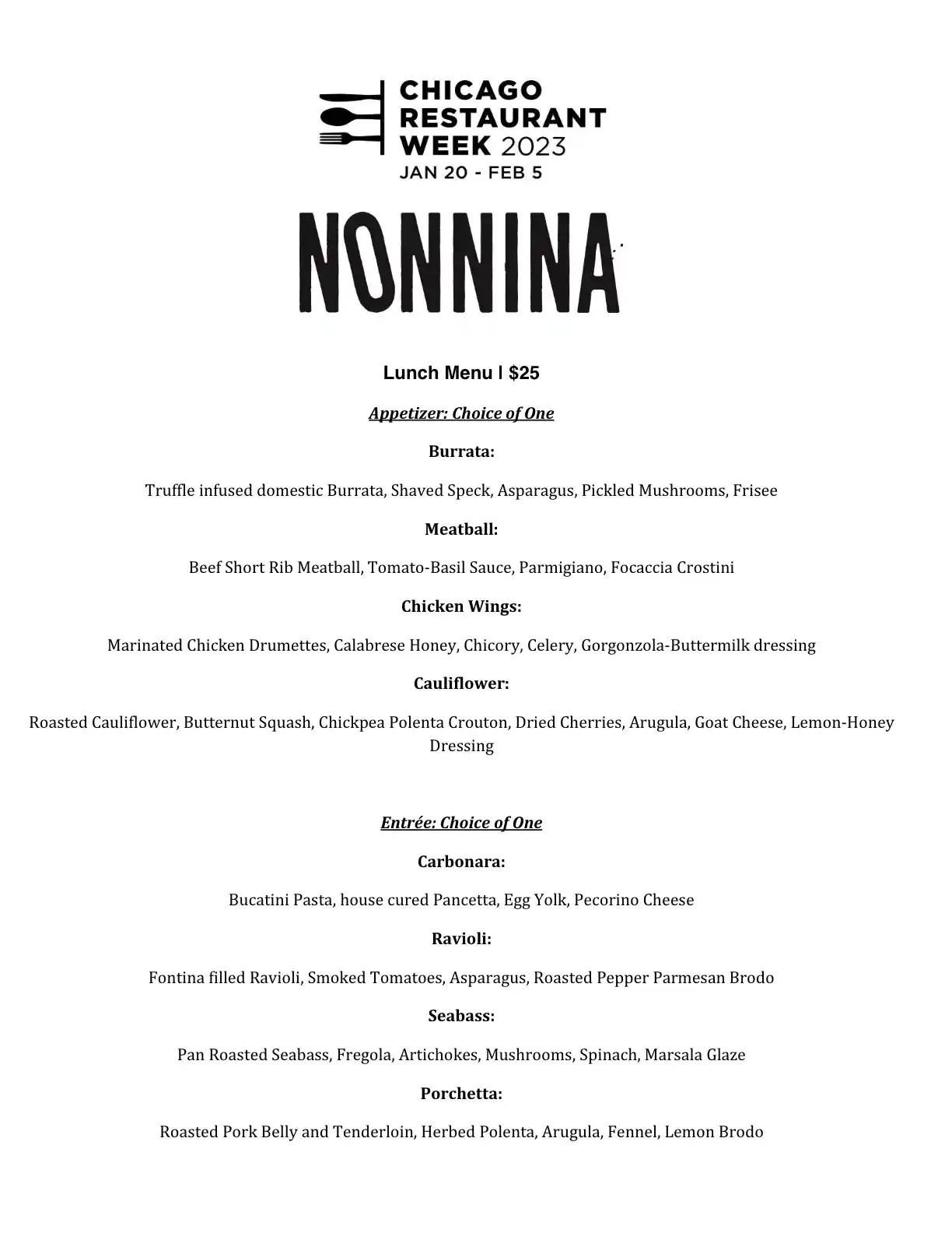 Chicago Restaurant Week 2023 Menu Nonnina Lunch