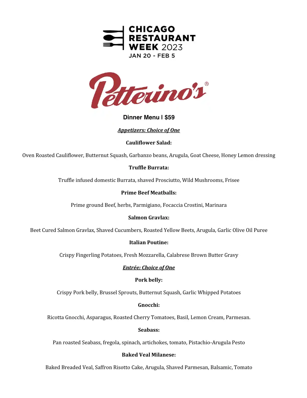 Chicago Restaurant Week 2023 Menu Petterinos Dinner