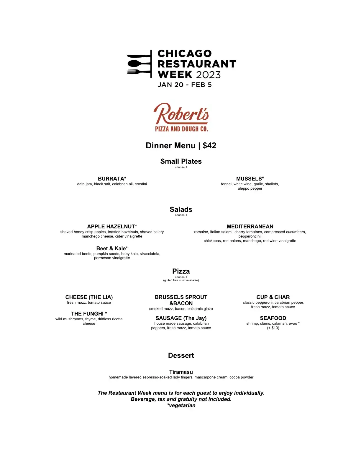 Chicago Restaurant Week 2023 Menu Roberts Pizza And Dough Company Dinner