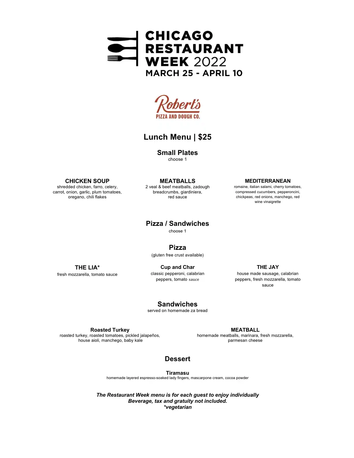 Chicago Restaurant Week 2023 Menu Roberts Pizza And Dough Company Lunch