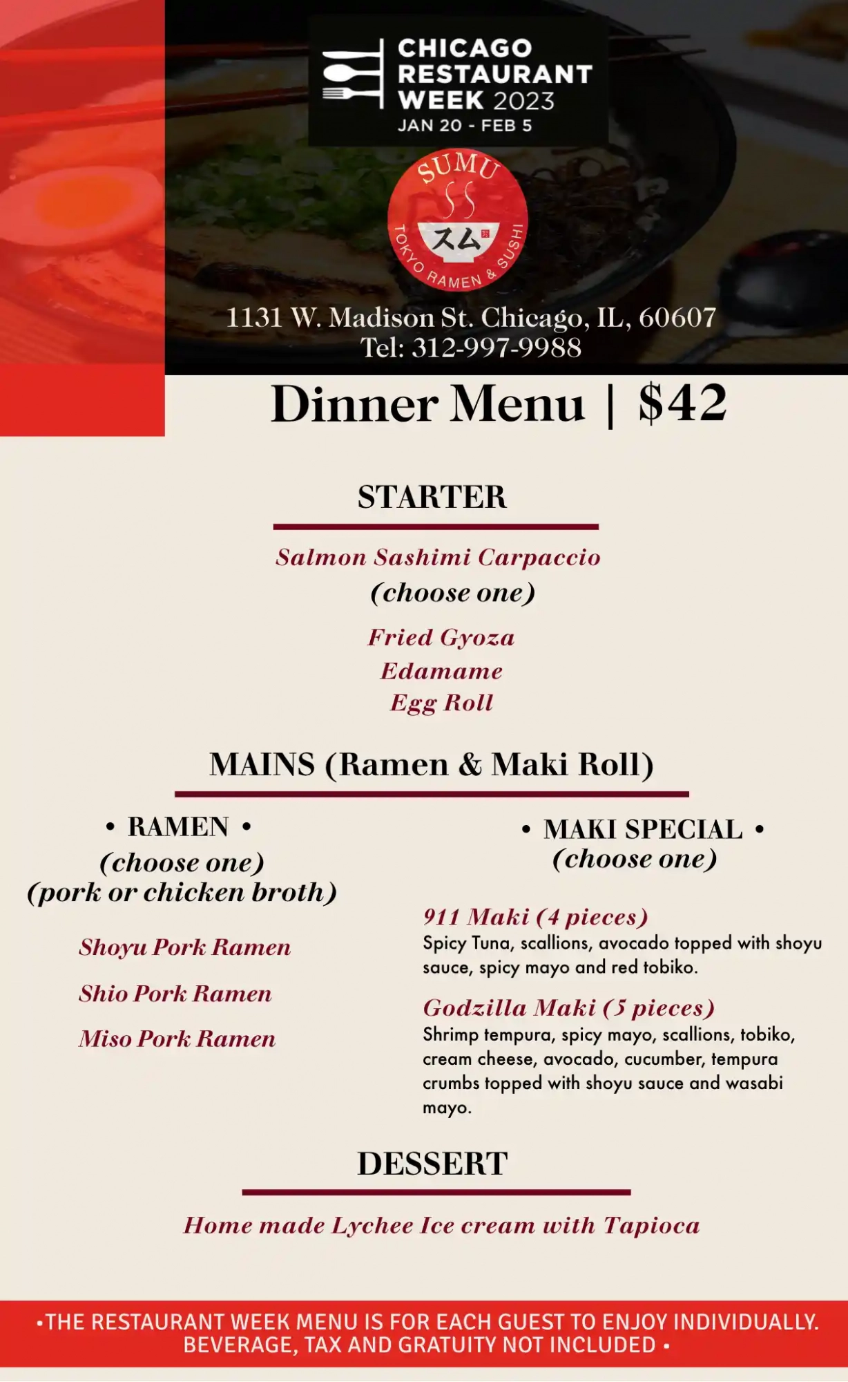 Chicago Restaurant Week 2023 Menu Sumo Tokyo Ramen Dinner