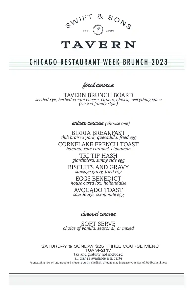 Chicago Restaurant Week 2023 Menu Swift And Sons Tavern Brunch