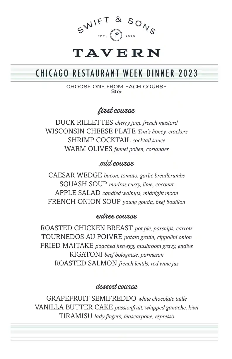Chicago Restaurant Week 2023 Menu Swift And Sons Tavern Dinner
