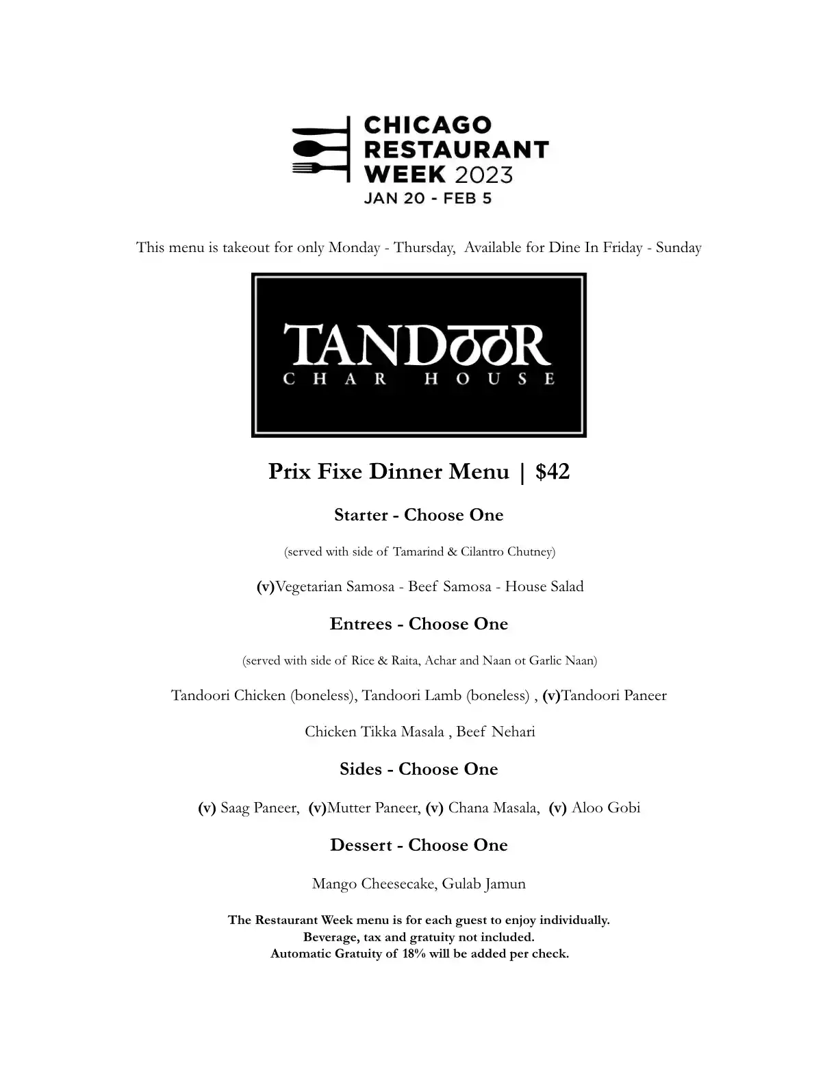 Chicago Restaurant Week 2023 Menu Tandoor Char House
