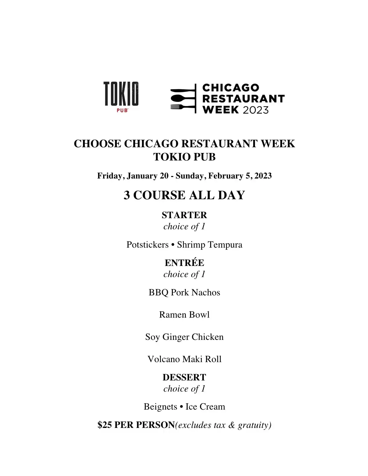 Chicago Restaurant Week 2023 Menu The Tokio Pub