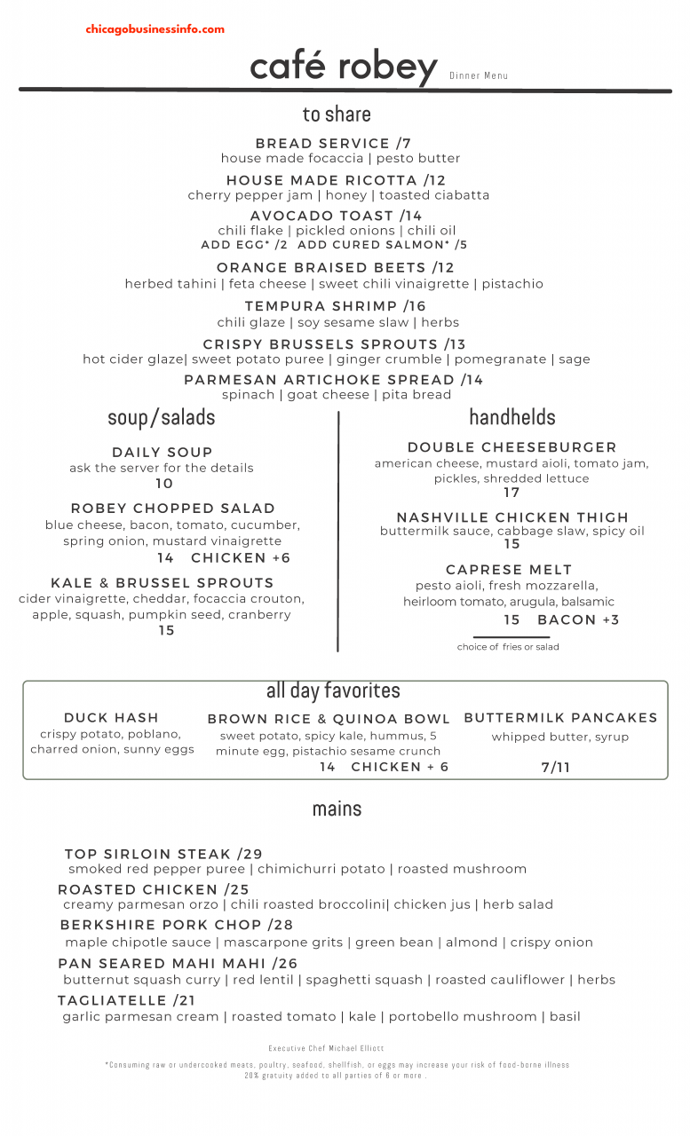 Cafe Robey Chicago Dinner Menu 1