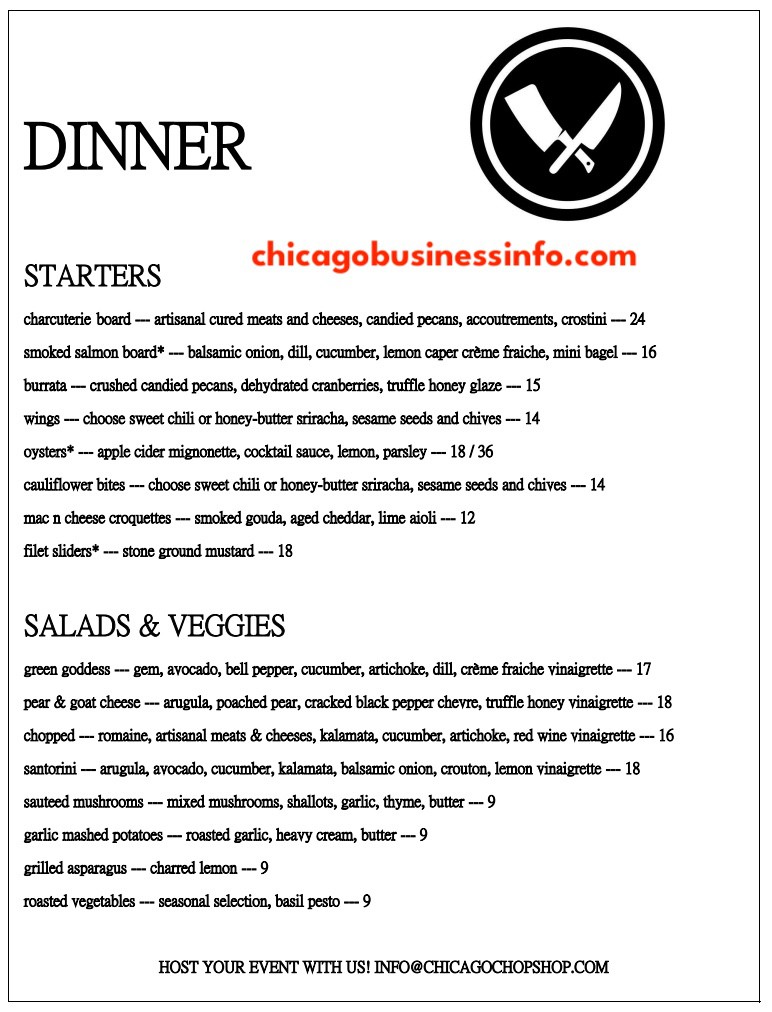 Chop Shop Chicago Dinner Menu 1