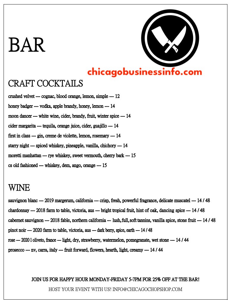 Chop Shop Chicago Drinks Menu 1