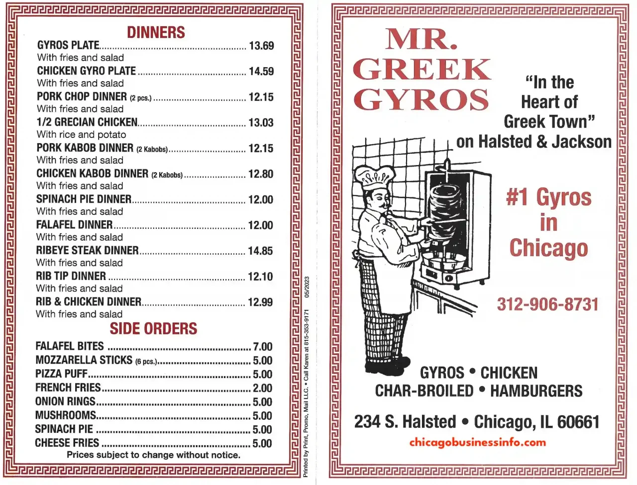 Mr. Greek Gyros Chicago Carry Out Menu 1