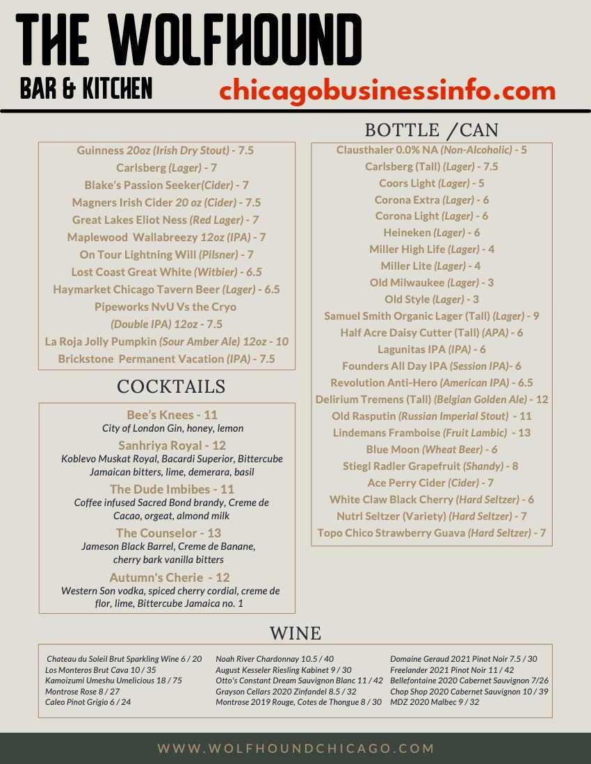 The Wolfhound Bar And Kitchen Chicago Drinks Menu