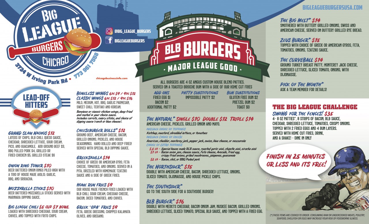 Big League Burgers Chicago Menu 1