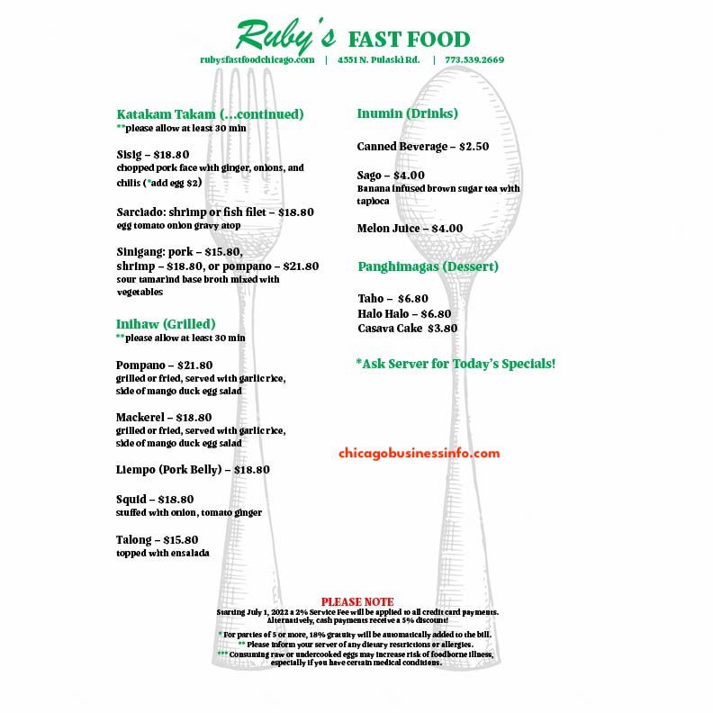 Ruby's Fast Food Chicago Menu 2