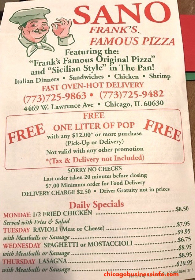 Sano's Pizzeria Chicago Menu 1