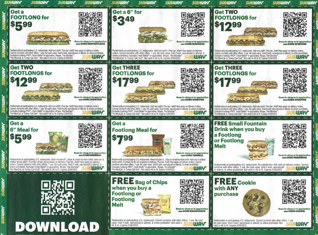Subway Chicago Deals Coupons December 2022 - Expires 2/26/2023 1