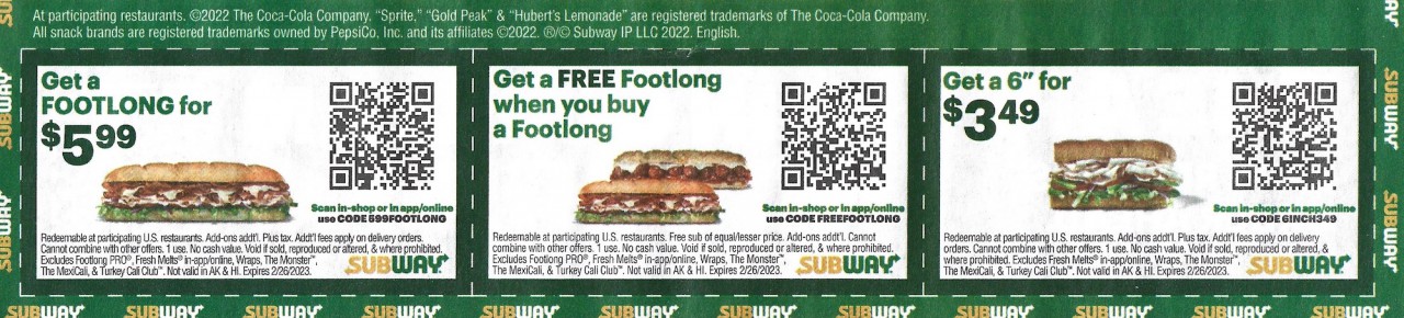 Subway Chicago Deals Coupons December 2022 - Expires 2/26/2023 2