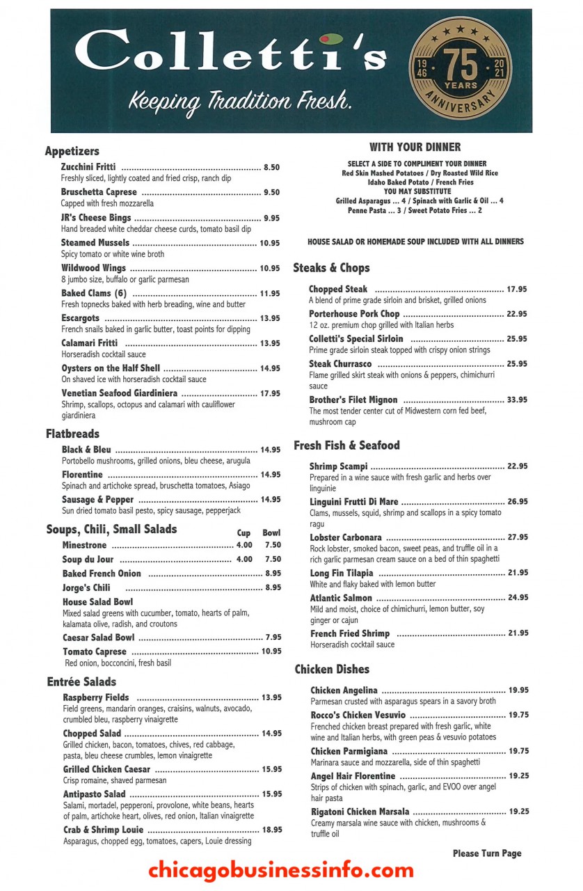 Colletti's Chicago Dinner Menu 1