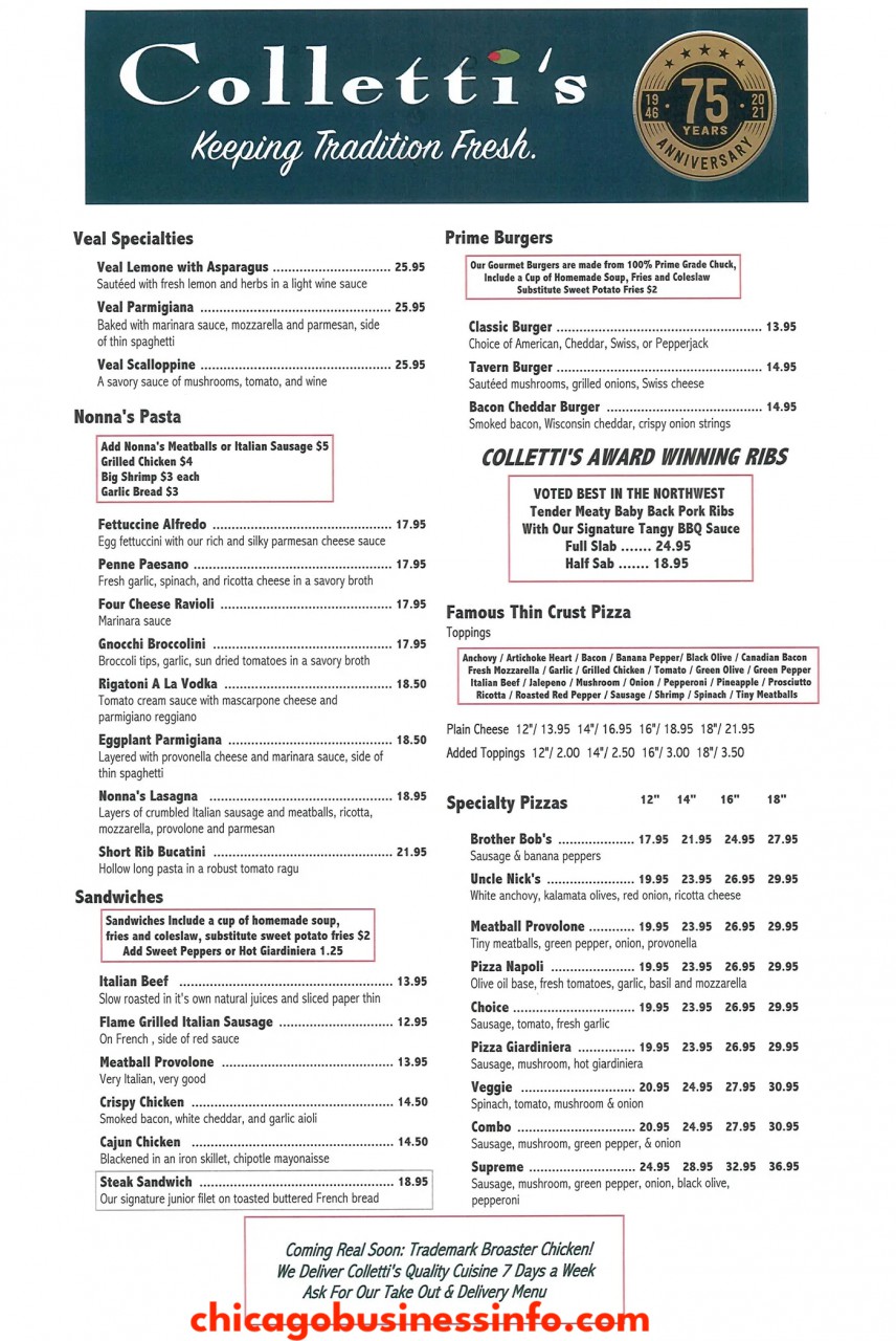 Colletti's Chicago Dinner Menu 2