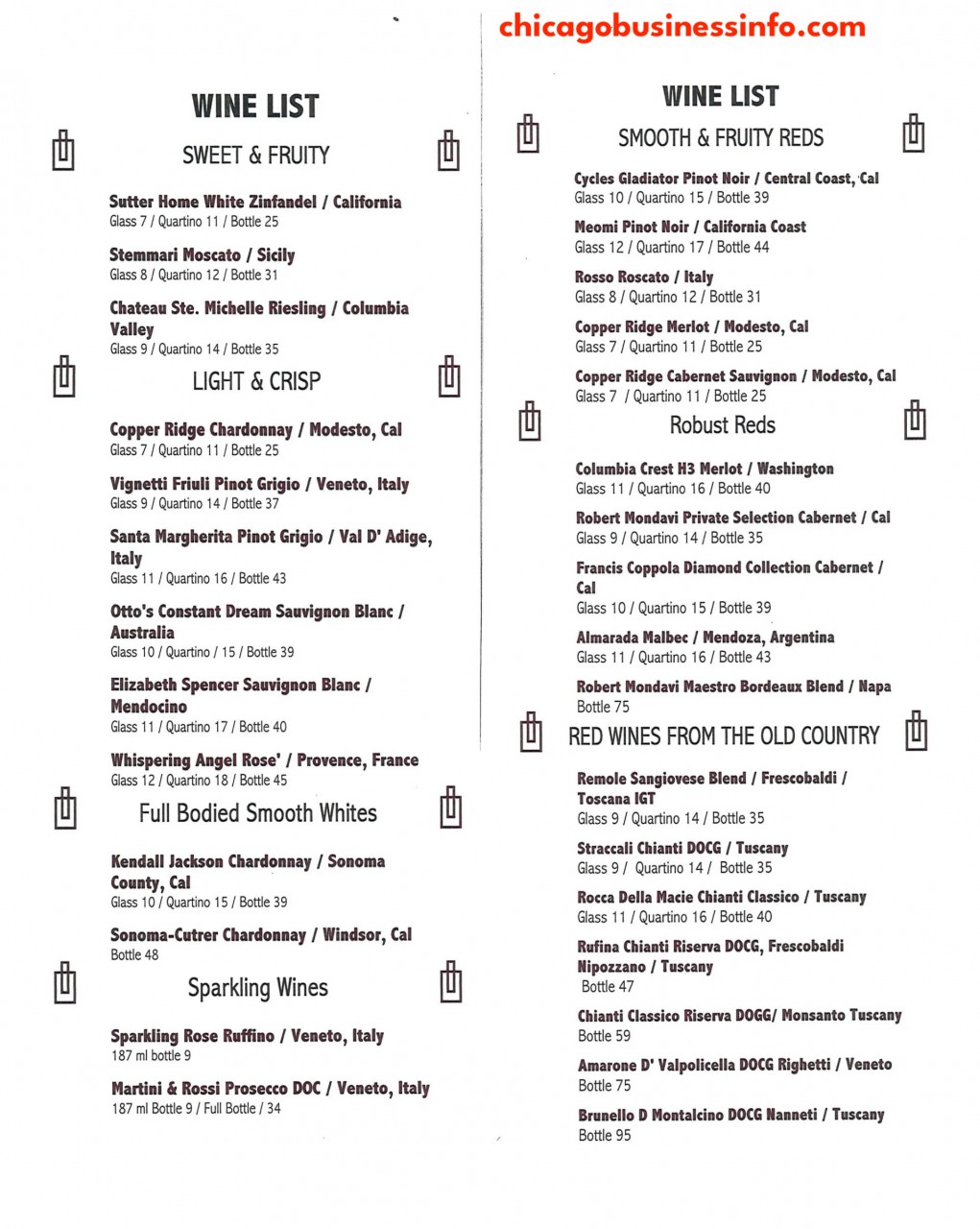 Colletti's Chicago Wine Menu