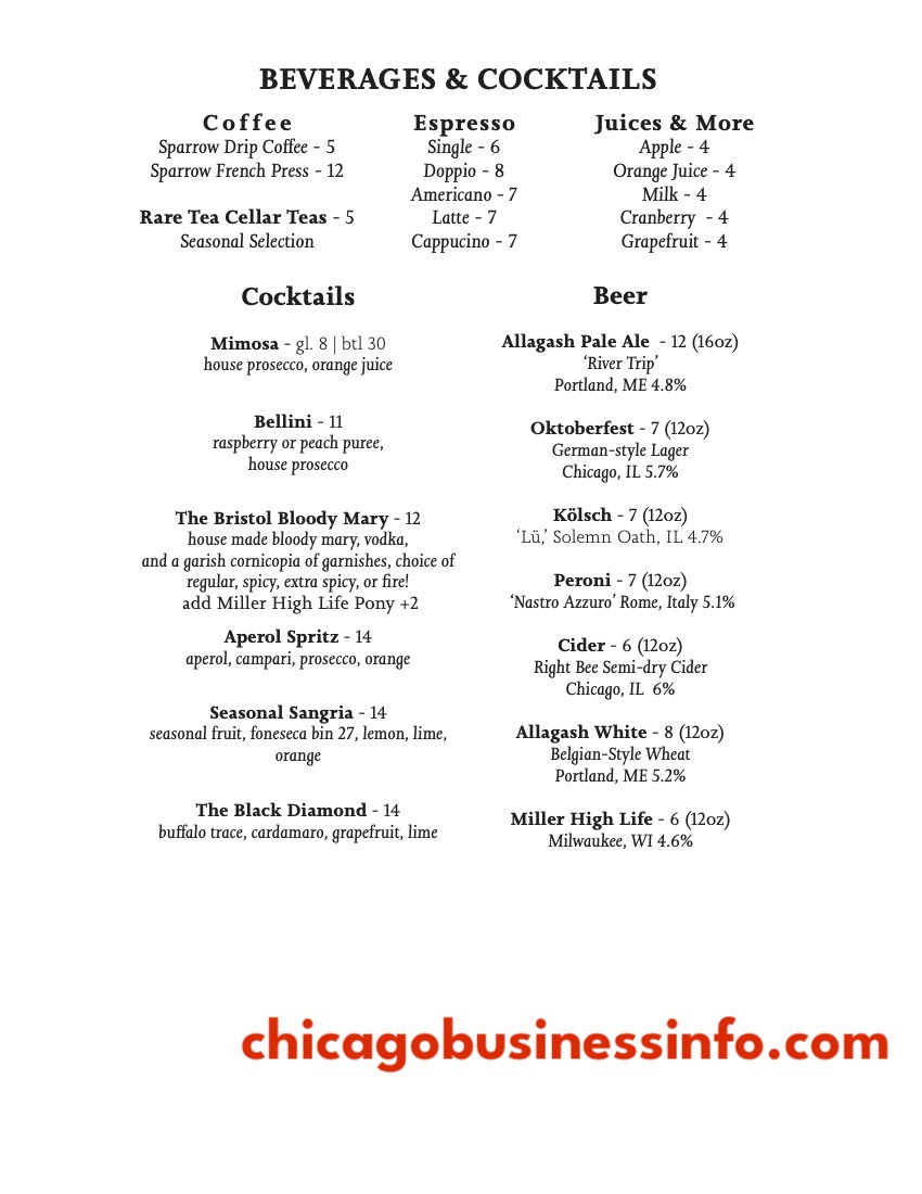 The Bristol Chicago Drinks Menu 1