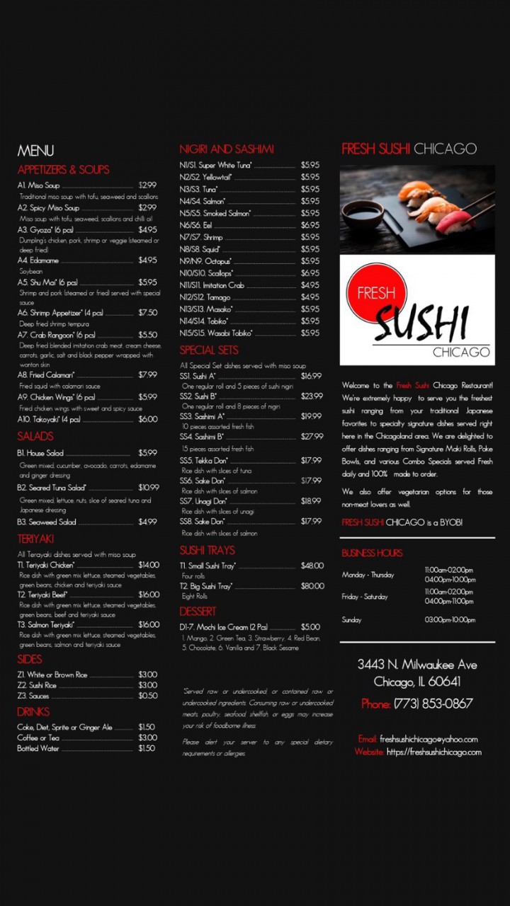 Fresh Sushi Chicago Restaurant Menu 1