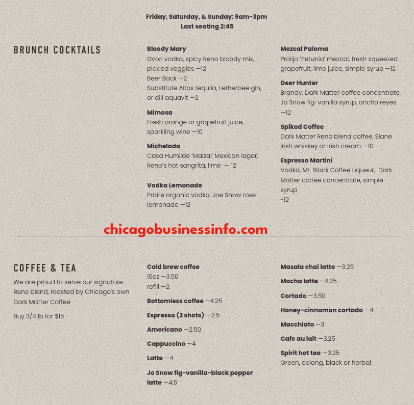 Reno Pizza Chicago Brunch Menu 1