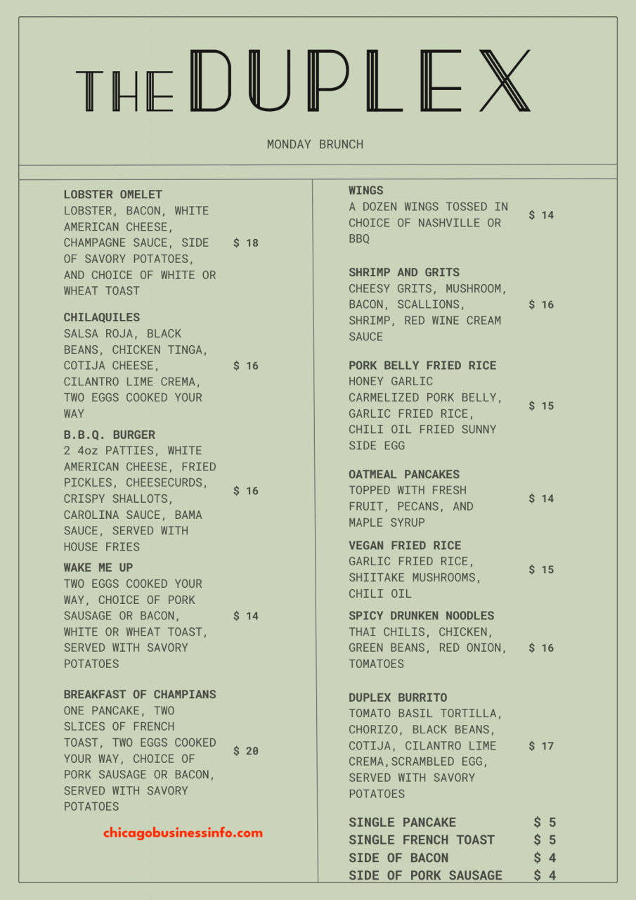 The Duplex Chicago Brunch Menu